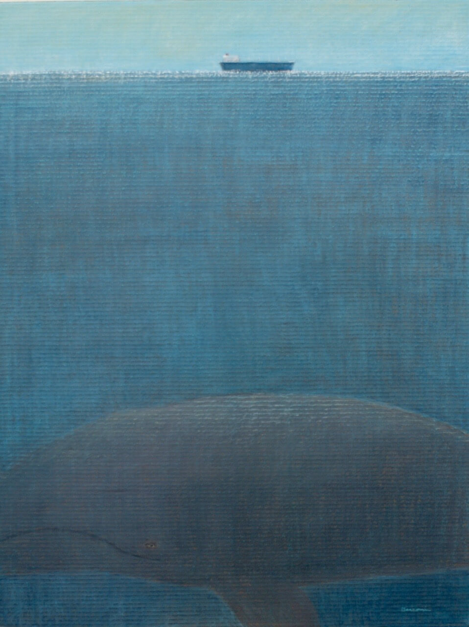 Oil Pastel of a Whale under a Cargo Ship